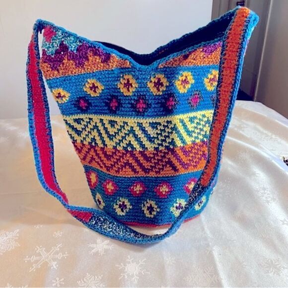Macrame Woven Bucket Bag Crossbody Handbag Large & Round Bottom Boho Gorgeous - Picture 2 of 5